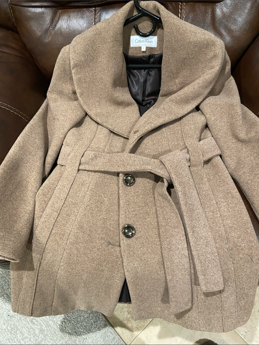 Calvin Klein Women's Camel Belted Wool-Blend Mid Length Trench Coat